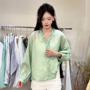 静茹年夏上新法式 L813 温柔风V领木耳花边系带苎麻女百搭显瘦衬衫