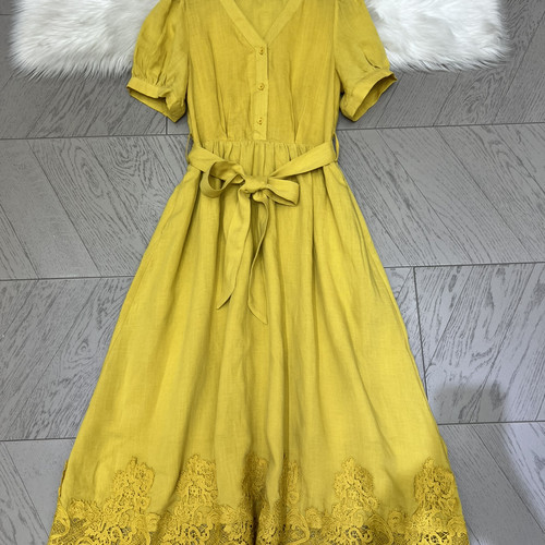 静茹夏上新酵洗纯亚麻短袖收腰简约拼蕾丝花边连衣裙