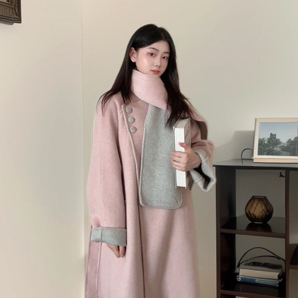 静茹长款围巾宽松毛呢羊毛外套(配围脖)（含100澳毛）ZH