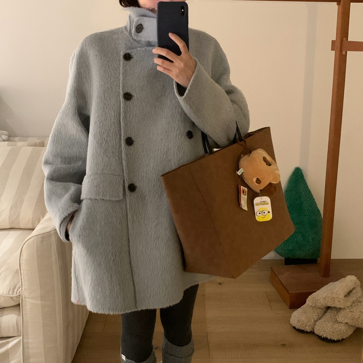 静茹双排扣中长款羊毛外套(配领畔)（含65羊毛）a64