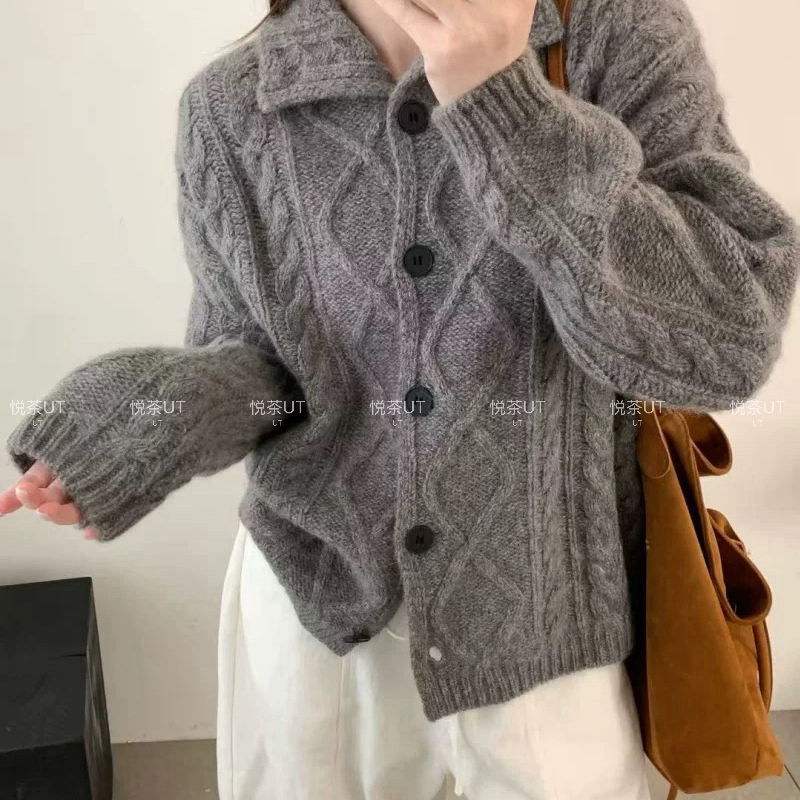 静茹领时尚菱形麻花韩系针织开衫(含30.4绵羊毛)yc946