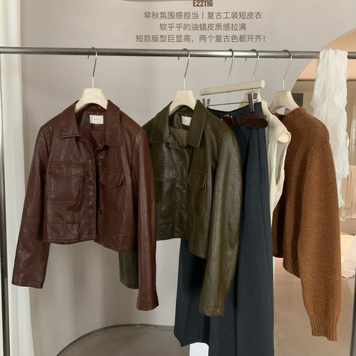 秋上新美式街头宽松翻领短款皮衣Enxi22116