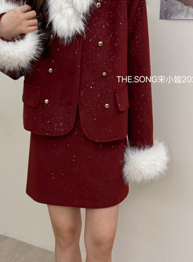 静茹古气质短外套+显瘦半身裙套装(配可拆人造毛领+袖毛)26030