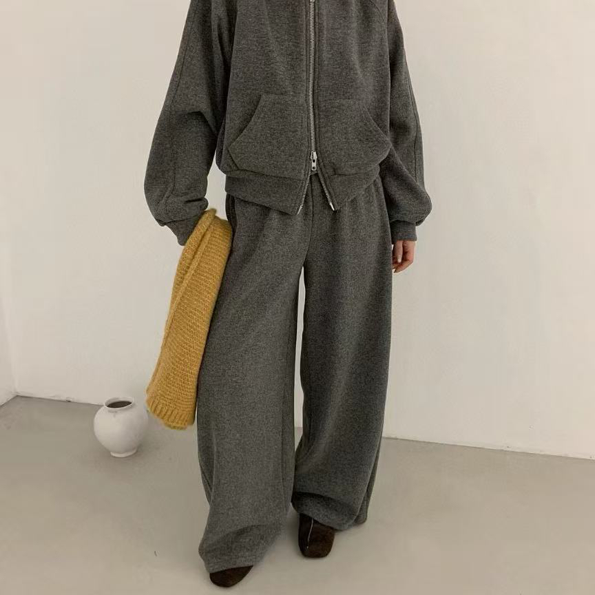 静茹家宽松拉链外套+松紧腰卫衣裤两件套装(不可拆仿毛毛领)P211