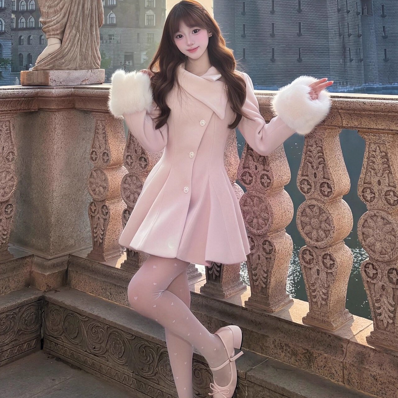 静茹千金公主风毛呢子收腰含羊毛外套时尚大衣连衣裙HH1041