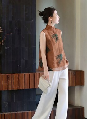 静茹新真丝欧根纱过署莨香云纱工艺马甲(含100真丝)YS65-G230