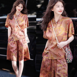 DX943 两件套套装 静茹九色鹿红云人丝香云纱小衫 宽松休闲短裤