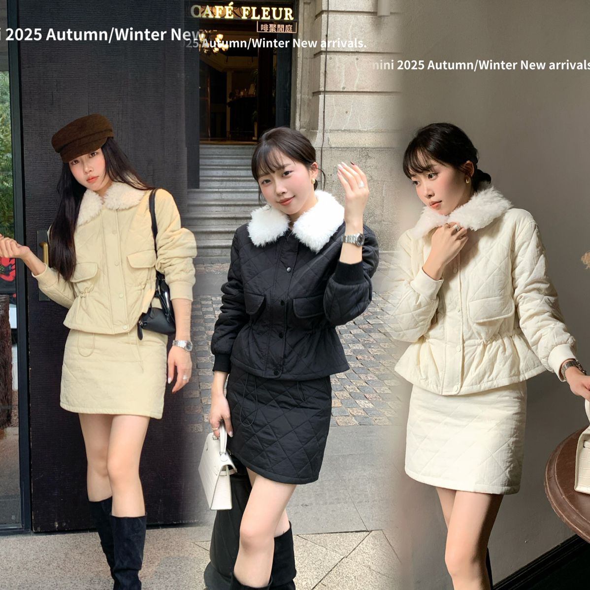 静茹韩系气质棉服+包臀裙套装2025秋冬套装(配毛领)Y11113-LY