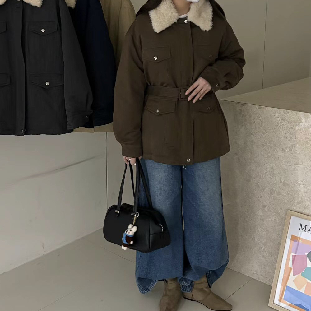 静茹古工装风翻领毛绒拼接宽松保暖羽绒服外套86229C