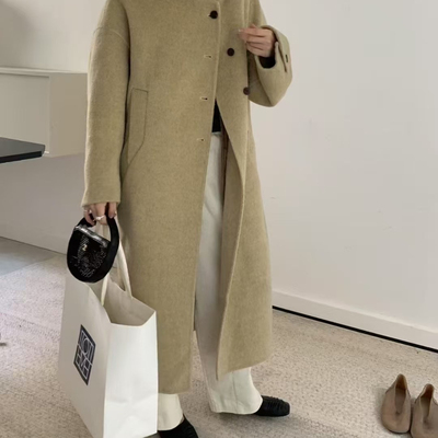 静茹翻领修身长款毛呢大衣羊毛外套（含94.9绵羊毛）680