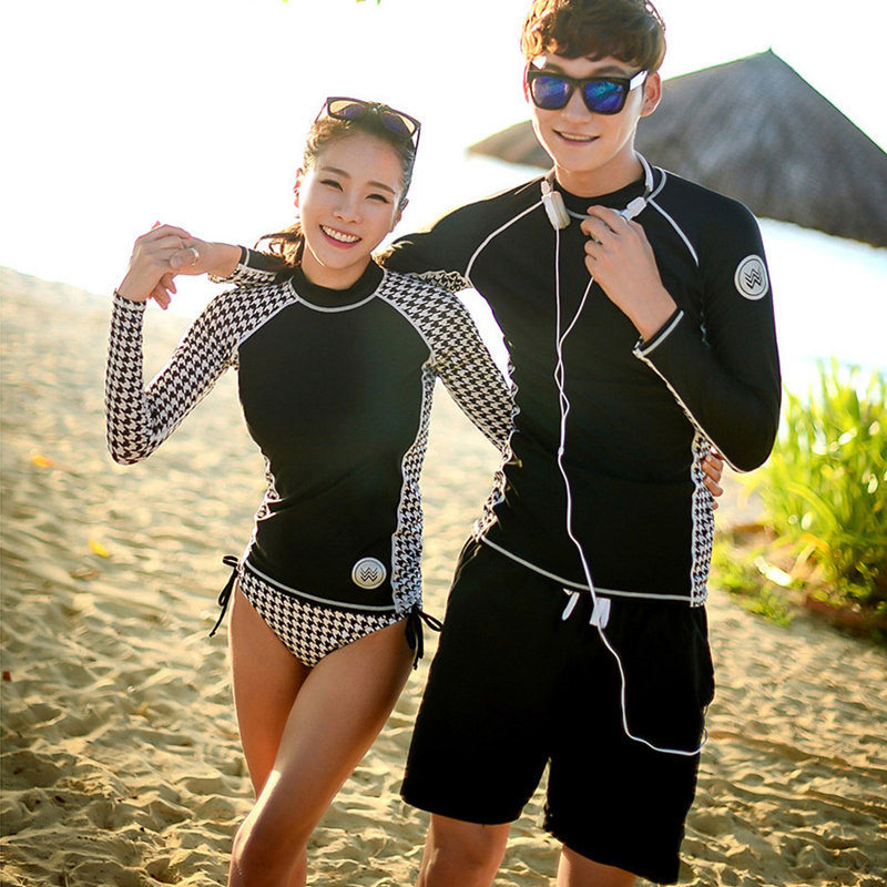 韩国新款情侣千鸟格印花长袖防晒分体泳衣保守平角短裤冲浪潜水服