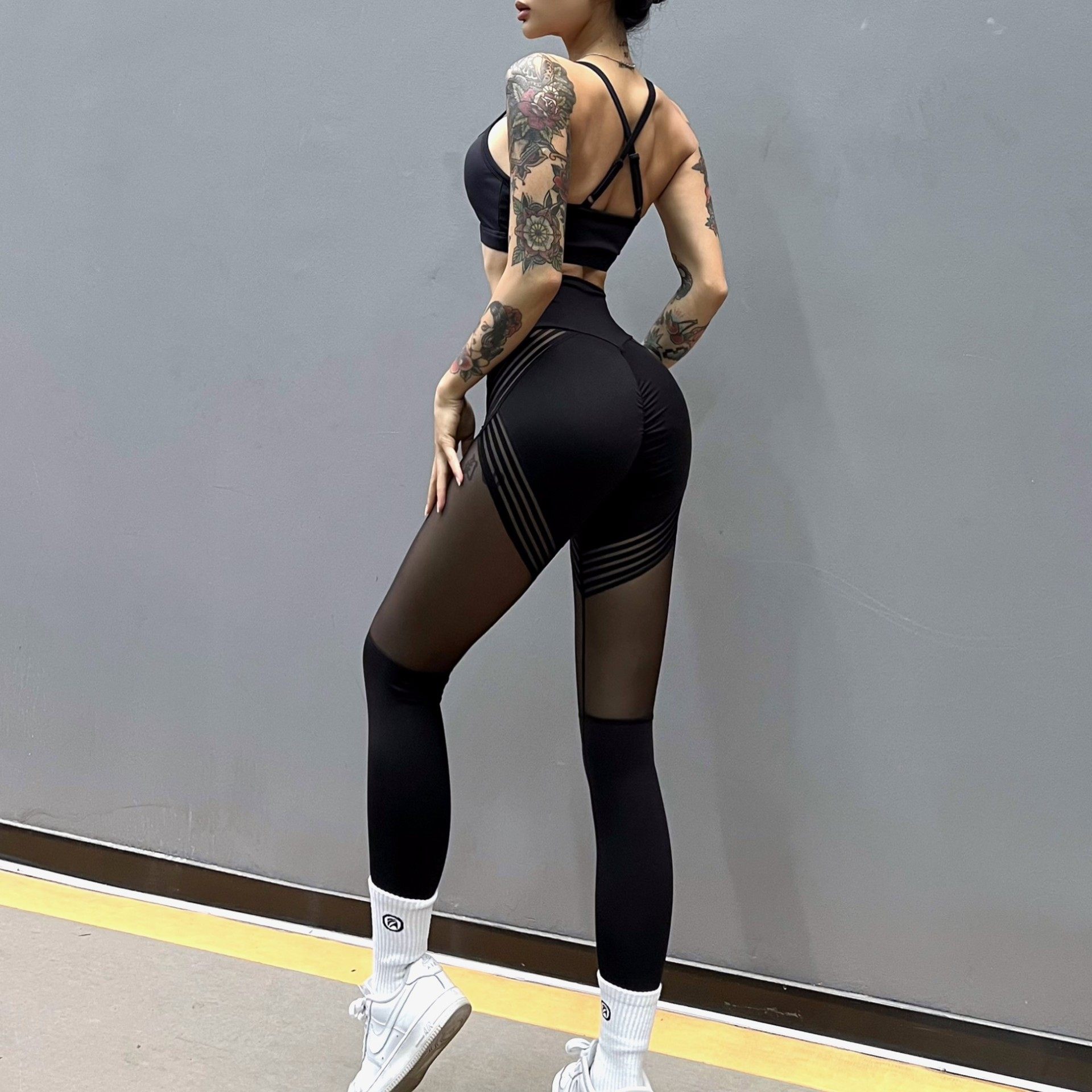 套装!欧美跨境网纱文胸女健身瑜伽高腰蕾丝拼接紧身长裤裸感透气