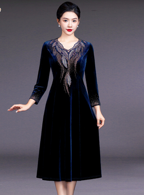 时尚中老年女装连衣裙中长款大码显瘦高端妈妈装春装刺绣金丝绒裙