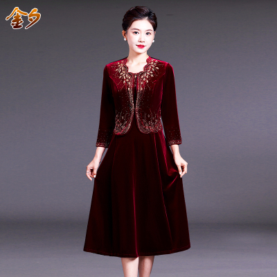 高贵妈妈装金丝绒连衣裙两件套