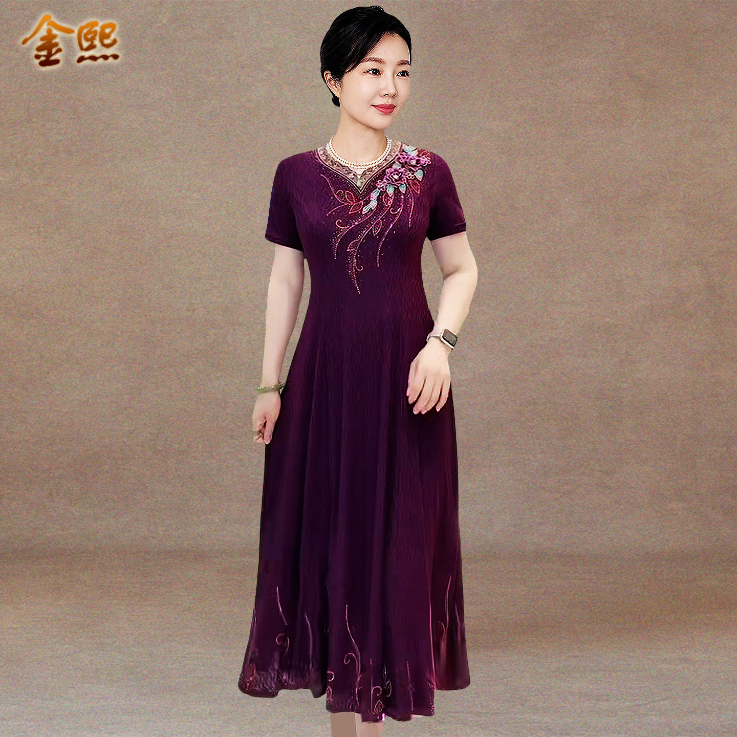 夏季妈妈装大码刺绣显瘦连衣裙
