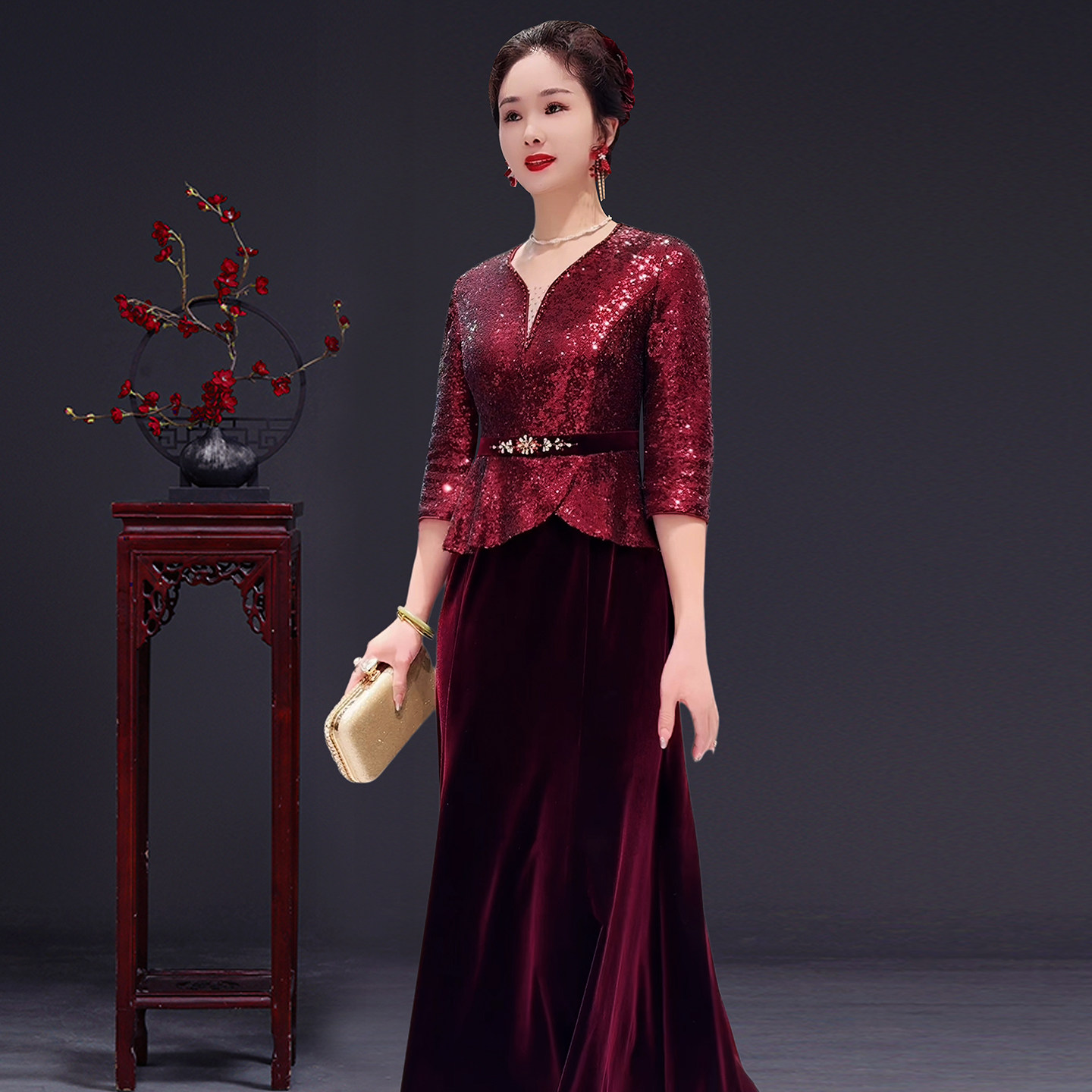 高贵妈妈装亮片连衣裙春秋季大码中年女装气质长裙喜婆婆婚宴礼服