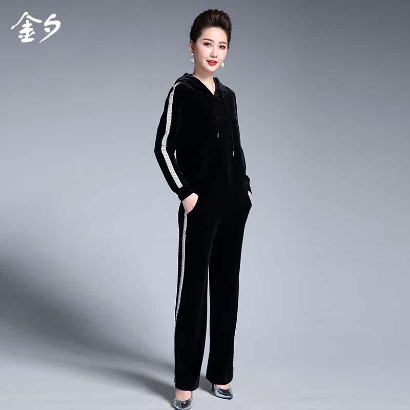 时尚中年女装春秋季金丝绒套装卫衣连帽衫气质妈妈装运动装两件套