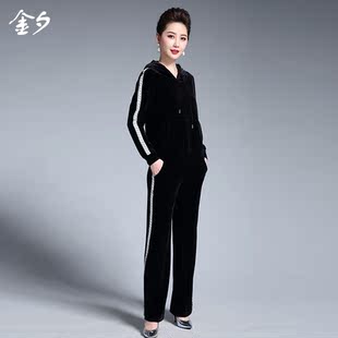 时尚中年女装春秋季金丝绒套装卫衣连帽衫气质妈妈装运动装两件套