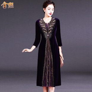 高端妈妈装春装连衣裙中长款大码显瘦婚宴礼服时尚中年女装金丝绒