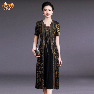 中年女装烫钻连衣裙大码气质高贵