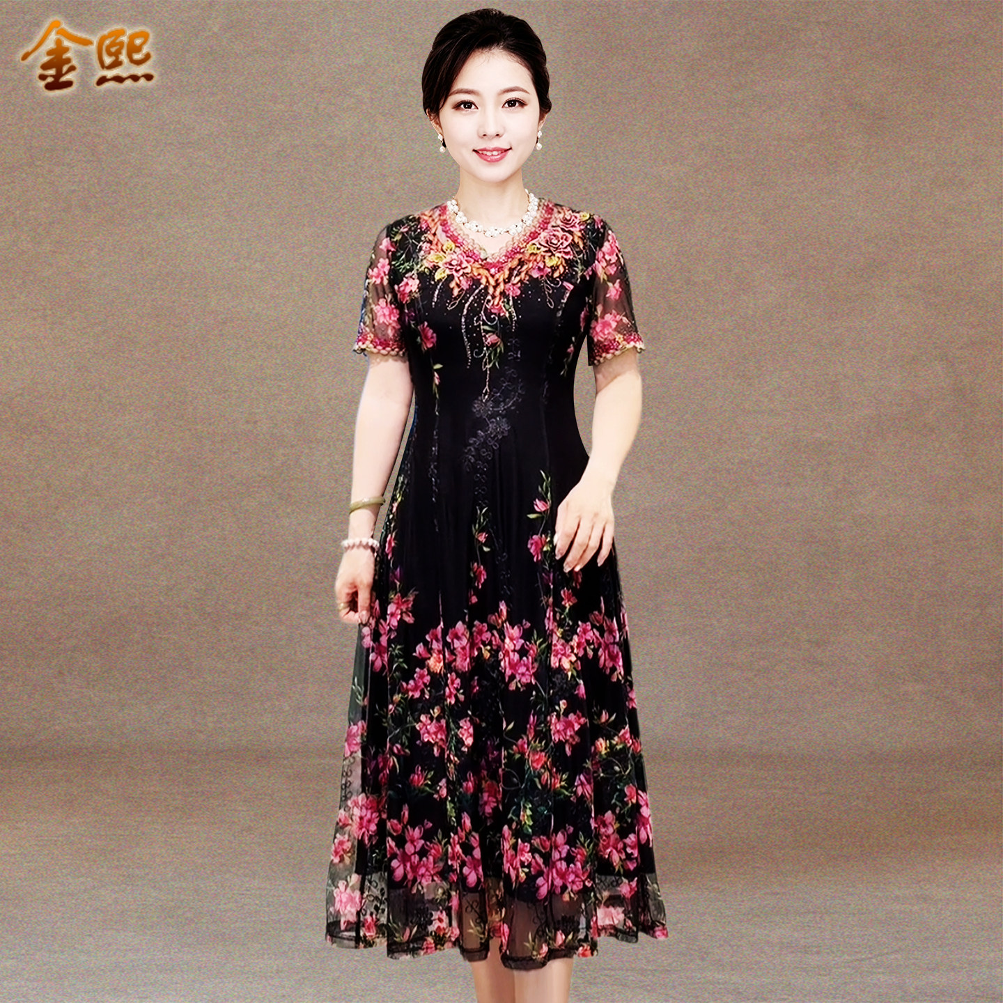 气质妈妈装夏季绣花垂感连衣裙