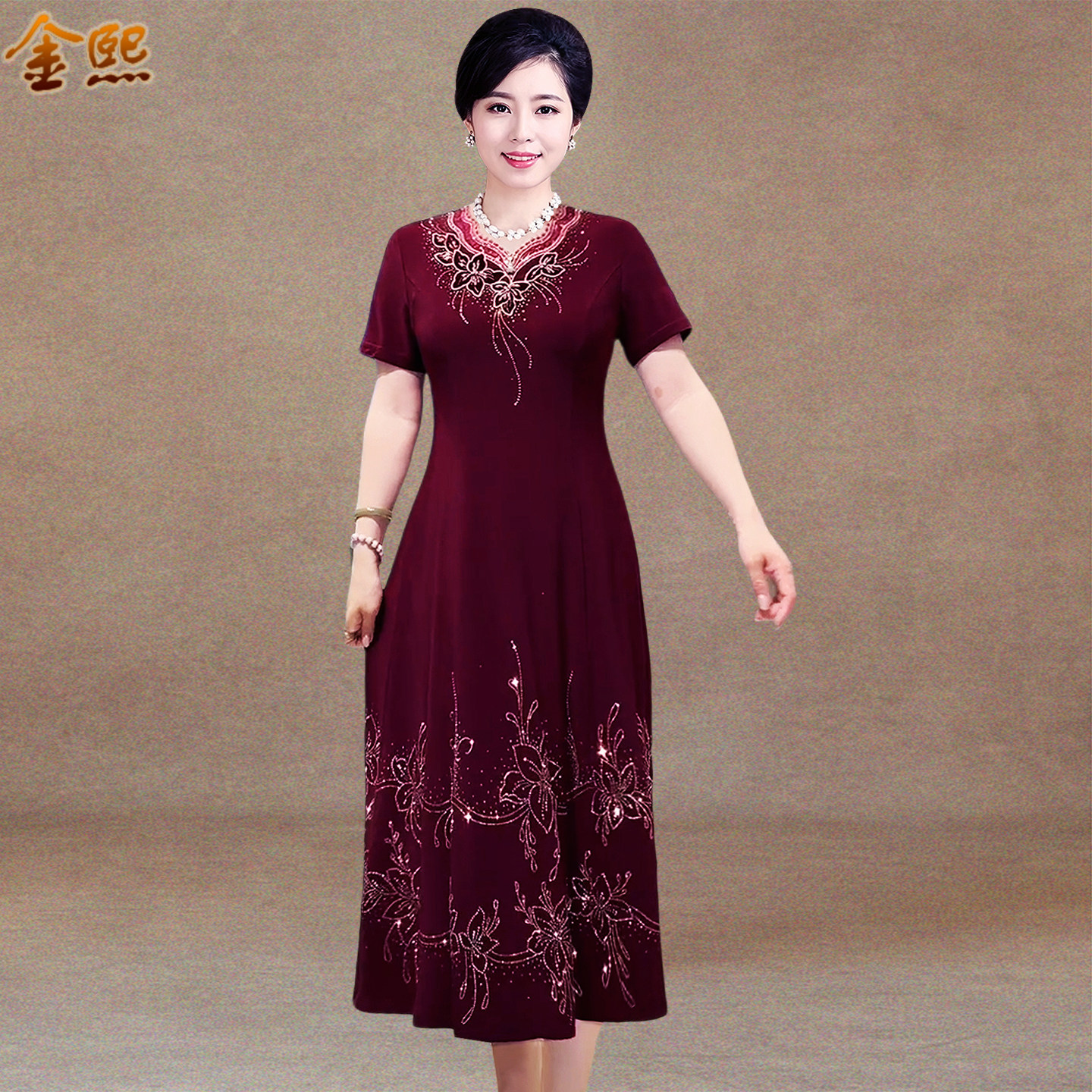 高端烫钻冰丝显瘦妈妈装连衣裙