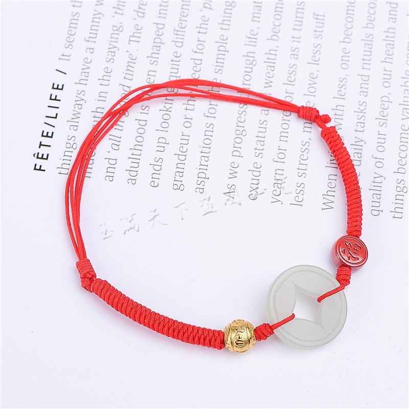 白玉铜钱转运珠编织红绳手链