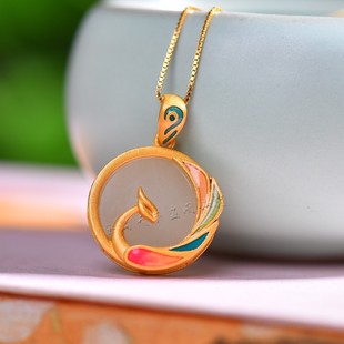 天然和田玉白玉925银圆牌孔雀吊坠女款玉石项链简约大气锁骨链