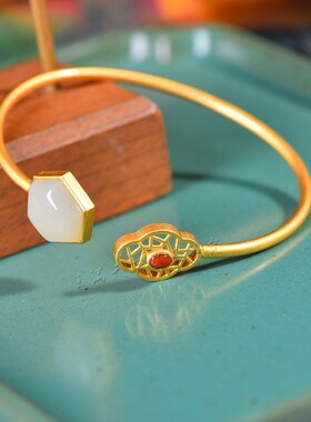 天然和田玉925银棱形手镯个性