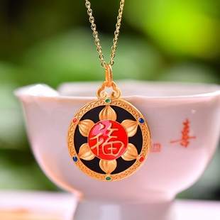 新疆天然和田玉墨玉925银圆牌福字吊坠女款简约玉石项链锁骨链