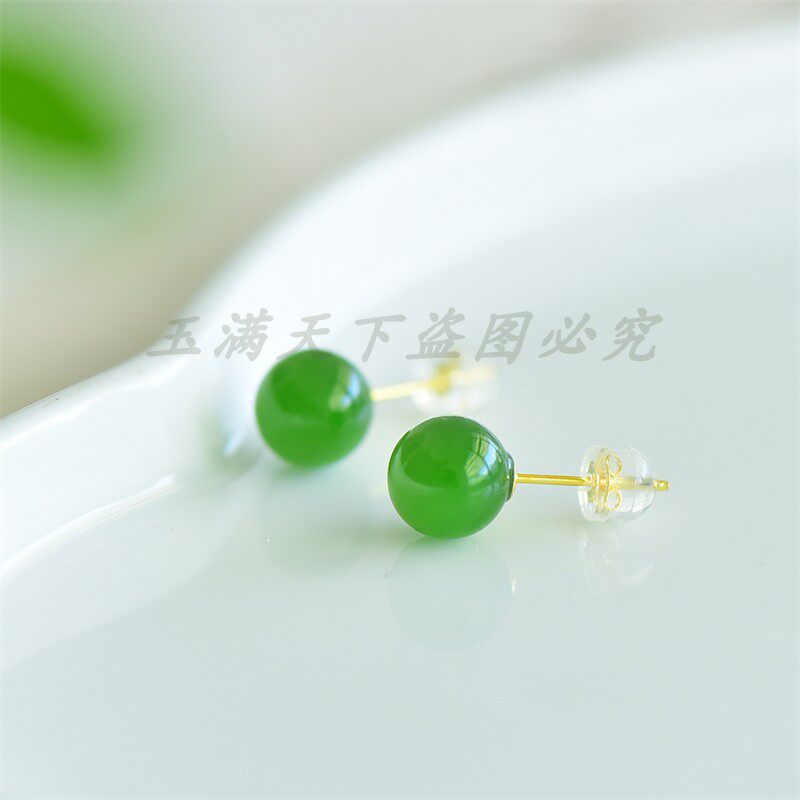 新疆天然和田玉碧玉圆珠925银耳钉女款玉石耳饰时尚百搭耳坠
