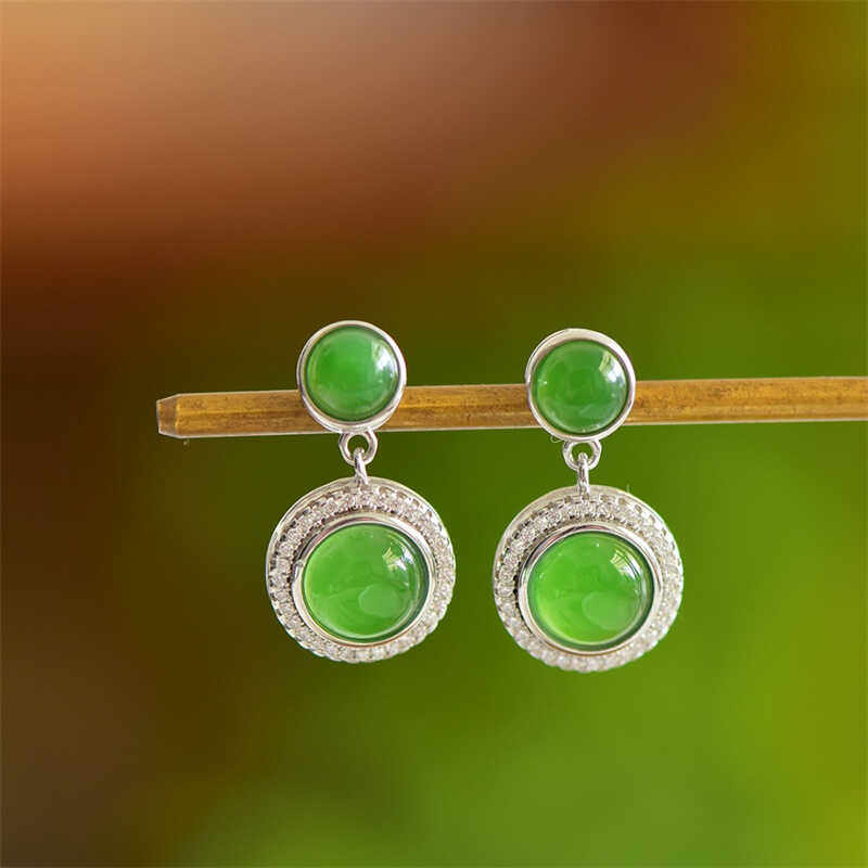 新疆天然和田玉碧玉圆形耳坠925银镶嵌玉石耳环女款耳饰耳钉