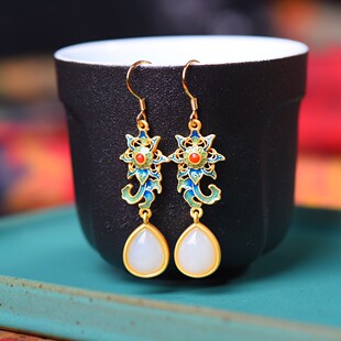 新疆天然和田玉白玉925银水滴耳环花形耳坠女款镶嵌复古个性耳饰