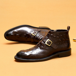 男靴牛皮真皮高帮鳄鱼纹英伦风马丁靴拉链通勤短靴潮流时尚男靴