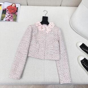 甜美立体小花朵装 饰格纹编织粗呢外套