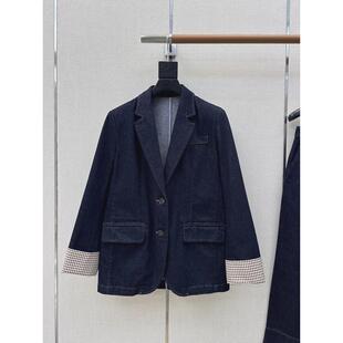 干练优雅格纹拼袖 外套开衩半裙 原色牛仔西装