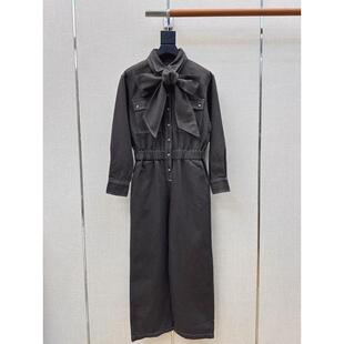 连体裤 翻领蝴蝶结装 型工装 版 饰细闪牛仔松紧腰直筒裤