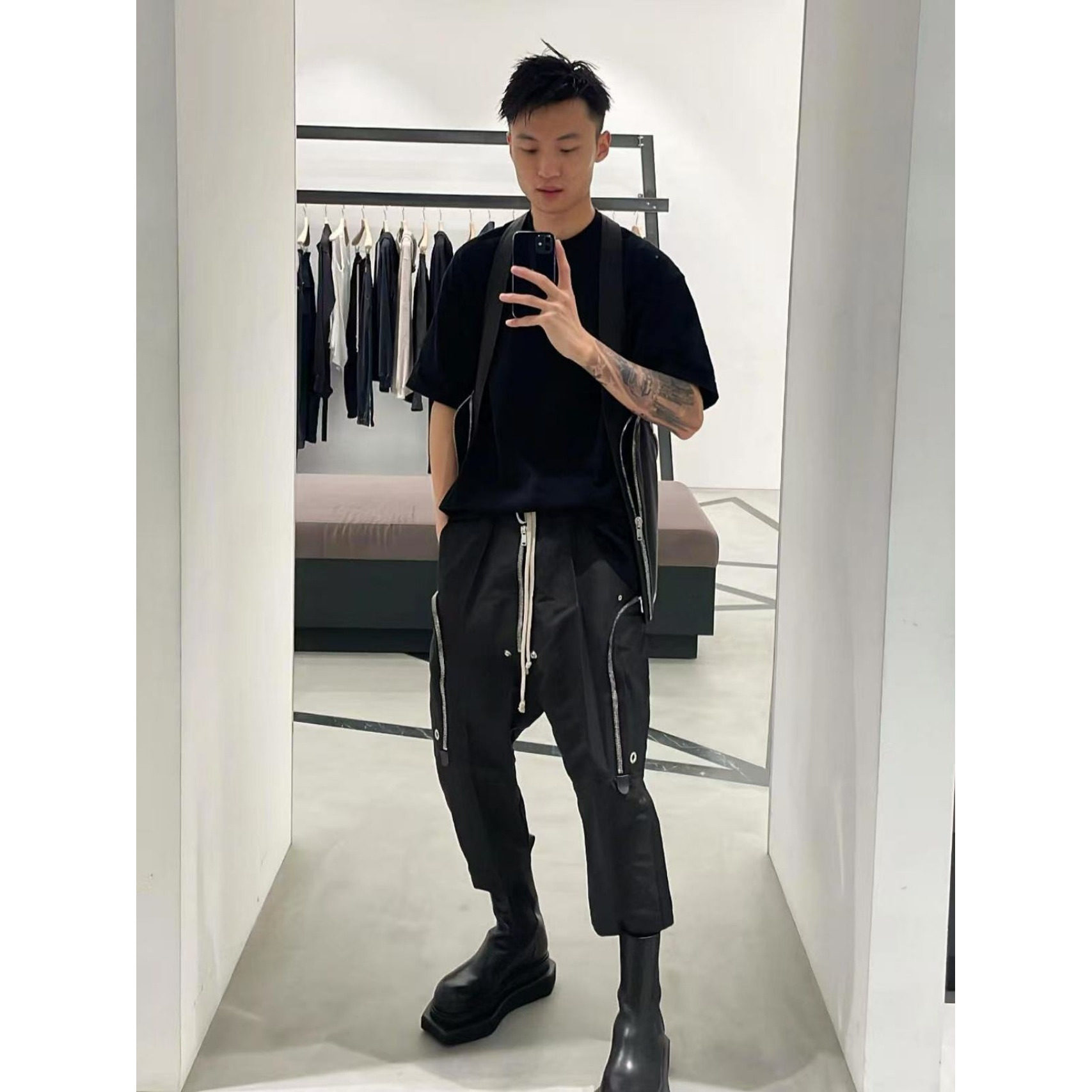 夏季新款欧美原创RO风格男士黑色潮流多口袋拉链休闲裤吊裆八分裤