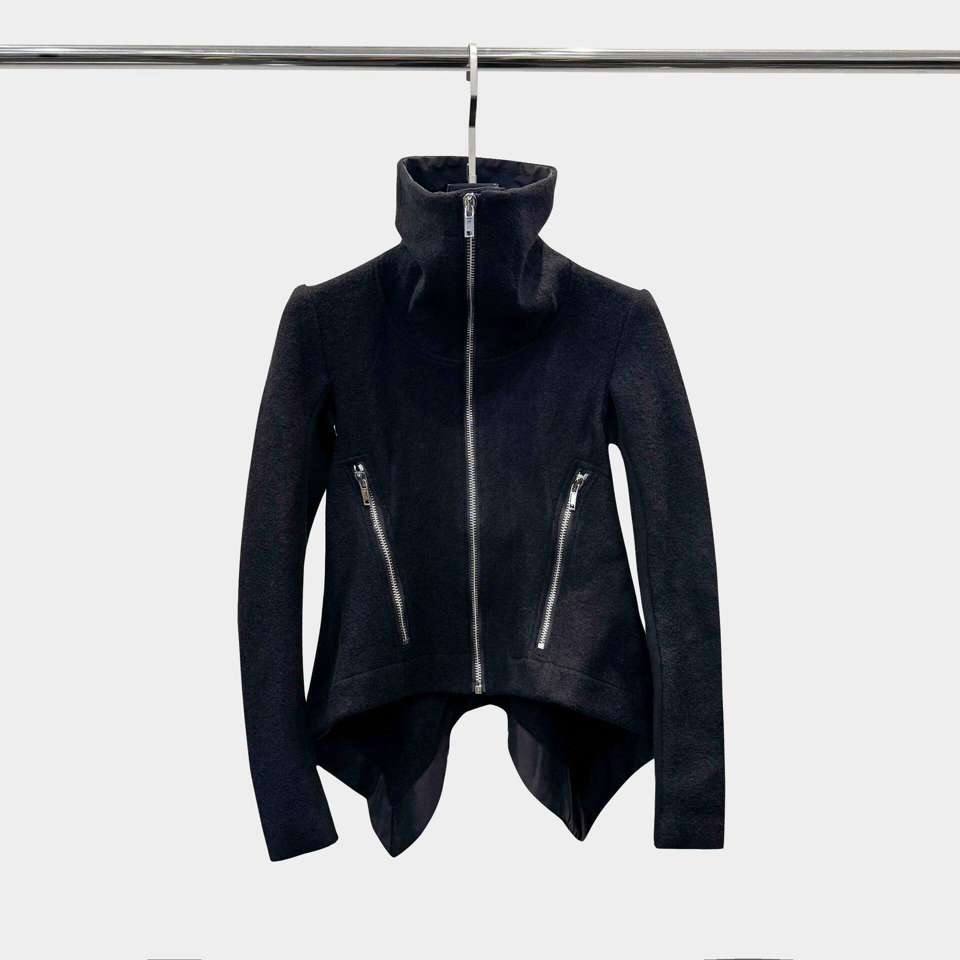 暗黑风夹克外套原创设计25秋冬女士黑色羊毛机车修身高领夹克外套