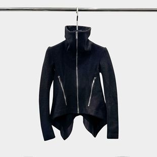 暗黑风夹克外套原创设计25秋冬女士黑色羊毛机车修身 高领夹克外套