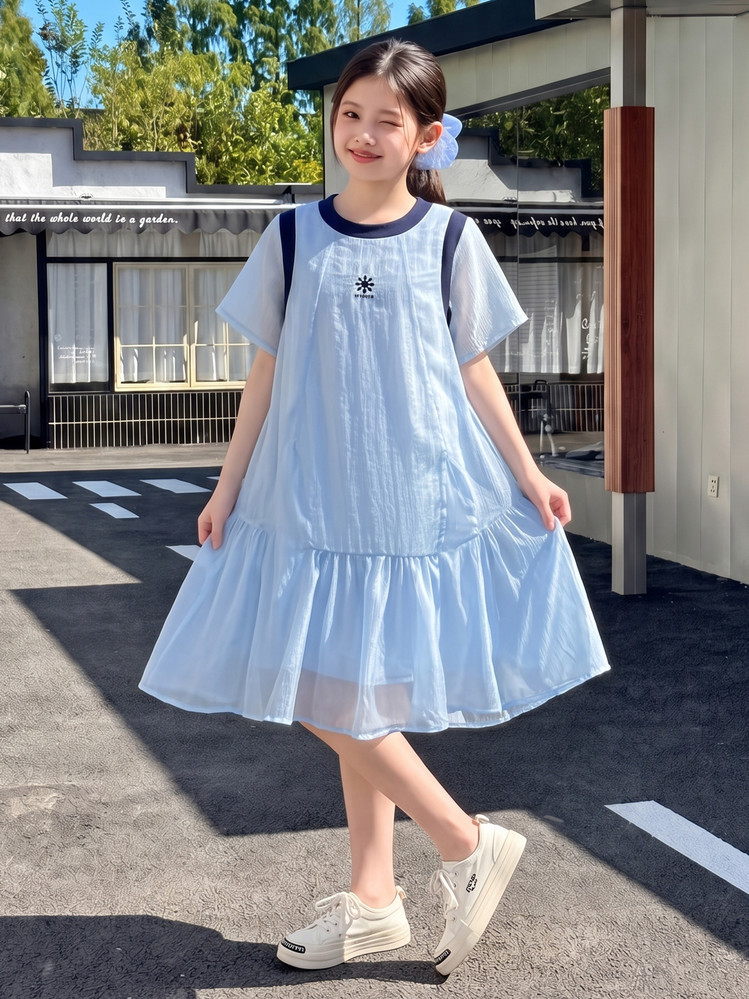 26夏季新款中大童小女孩女童连衣裙洋气大摆公主裙子舒适宽松短袖