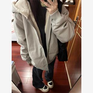 复古宽松连帽工装 美式 棉服潮 2025新款 羊羔毛绒棉衣加厚外套女冬季