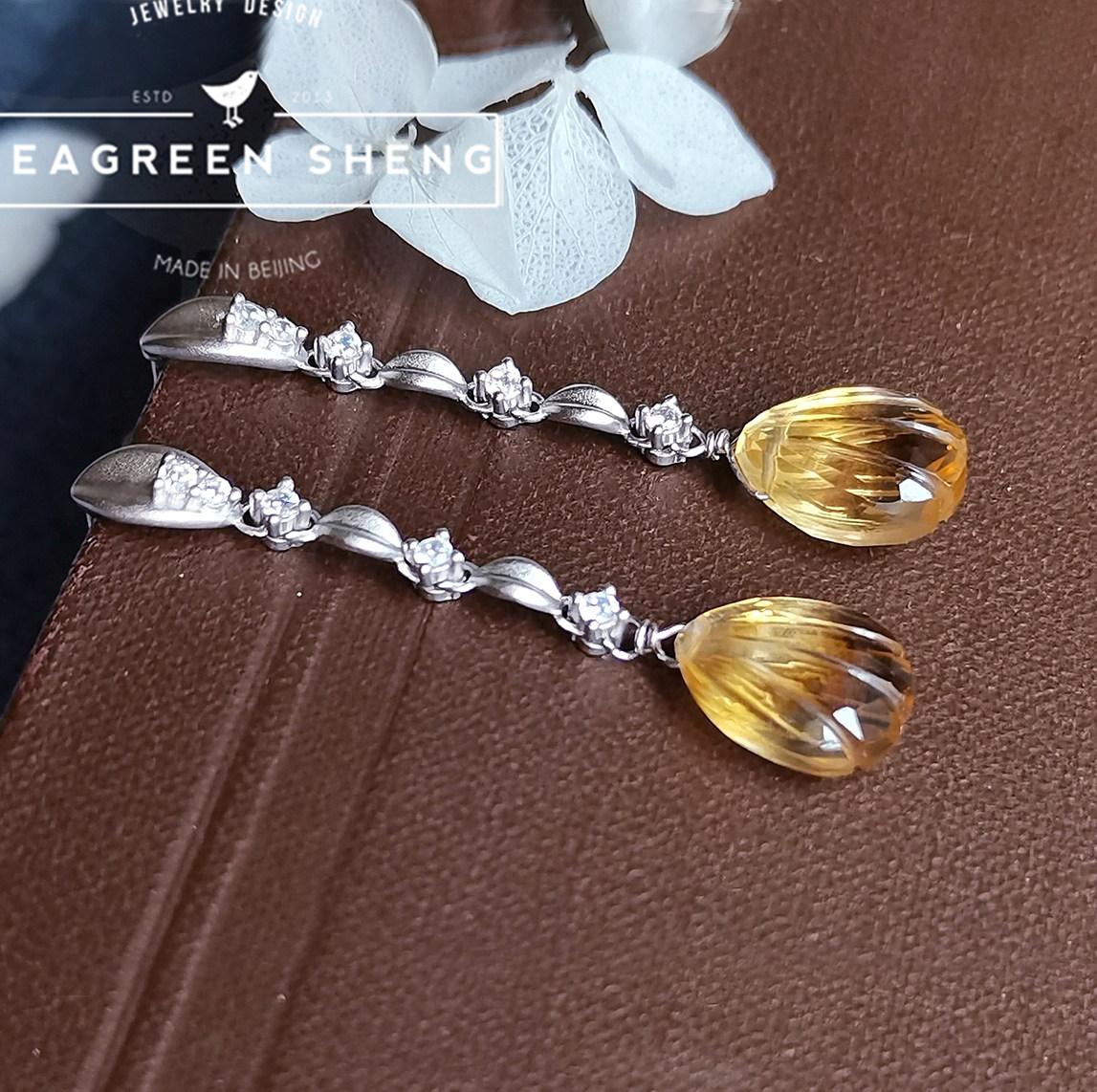 BISHENG 쥬얼리 꽃 잎 천연 황수정 조각 꽃잎  도금 백금 매트 귀걸이