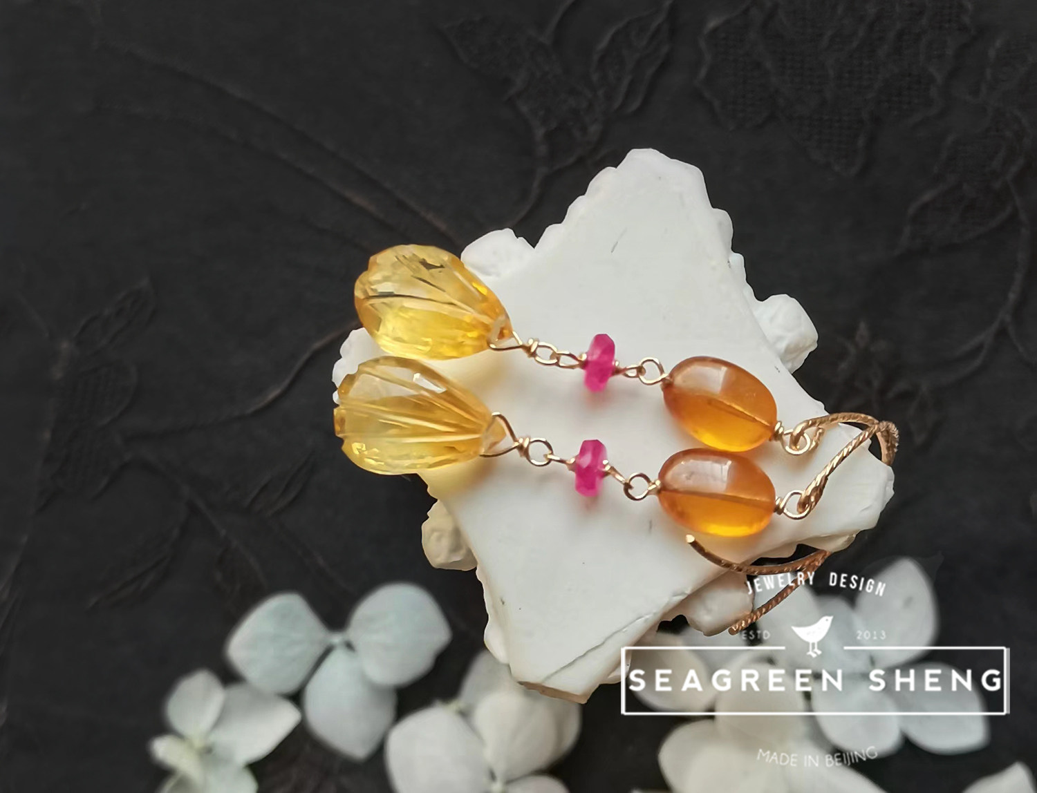 BISHENG 수제 천연 꽃잎 황수정 꿀색 환타 스톤 스페사르타이트 가넷 핑크 사파이어 14K 골드 귀걸이