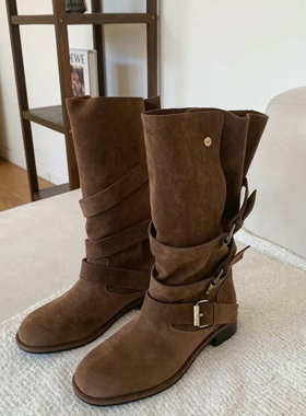 水之心小众复古两用腰带皮带扣平底西部靴牛仔靴骑士靴女