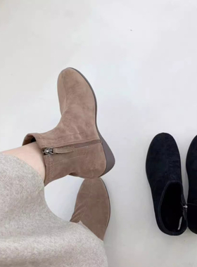 现货水之心简约加绒中跟坡跟瘦瘦靴短靴时装靴女首尔2025通勤百搭