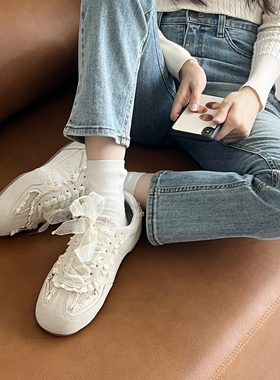 水之心浪漫仙女蕾丝网纱翻皮运动鞋休闲鞋单鞋2025春秋新款俏皮风