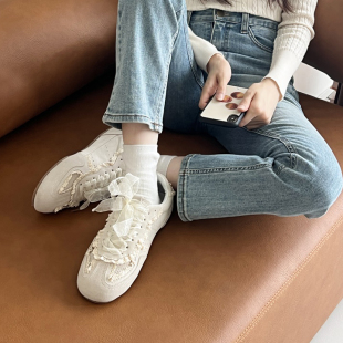 2025春秋俏皮 单鞋 首尔lucia浪漫仙女蕾丝网纱翻皮运动鞋 休闲鞋