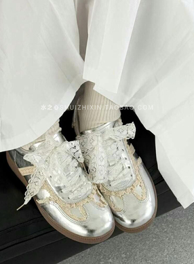 水之心浪漫少女减龄蕾丝边平底厚底休闲鞋德训鞋女2025春秋新款