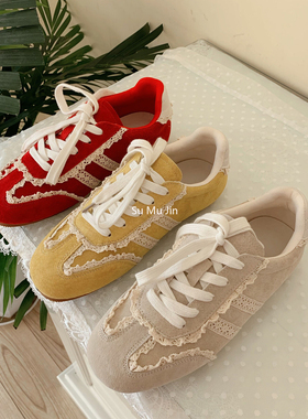 水之心拼接蕾丝复古德训鞋女2025春秋软底休闲运动板鞋芭蕾阿甘鞋